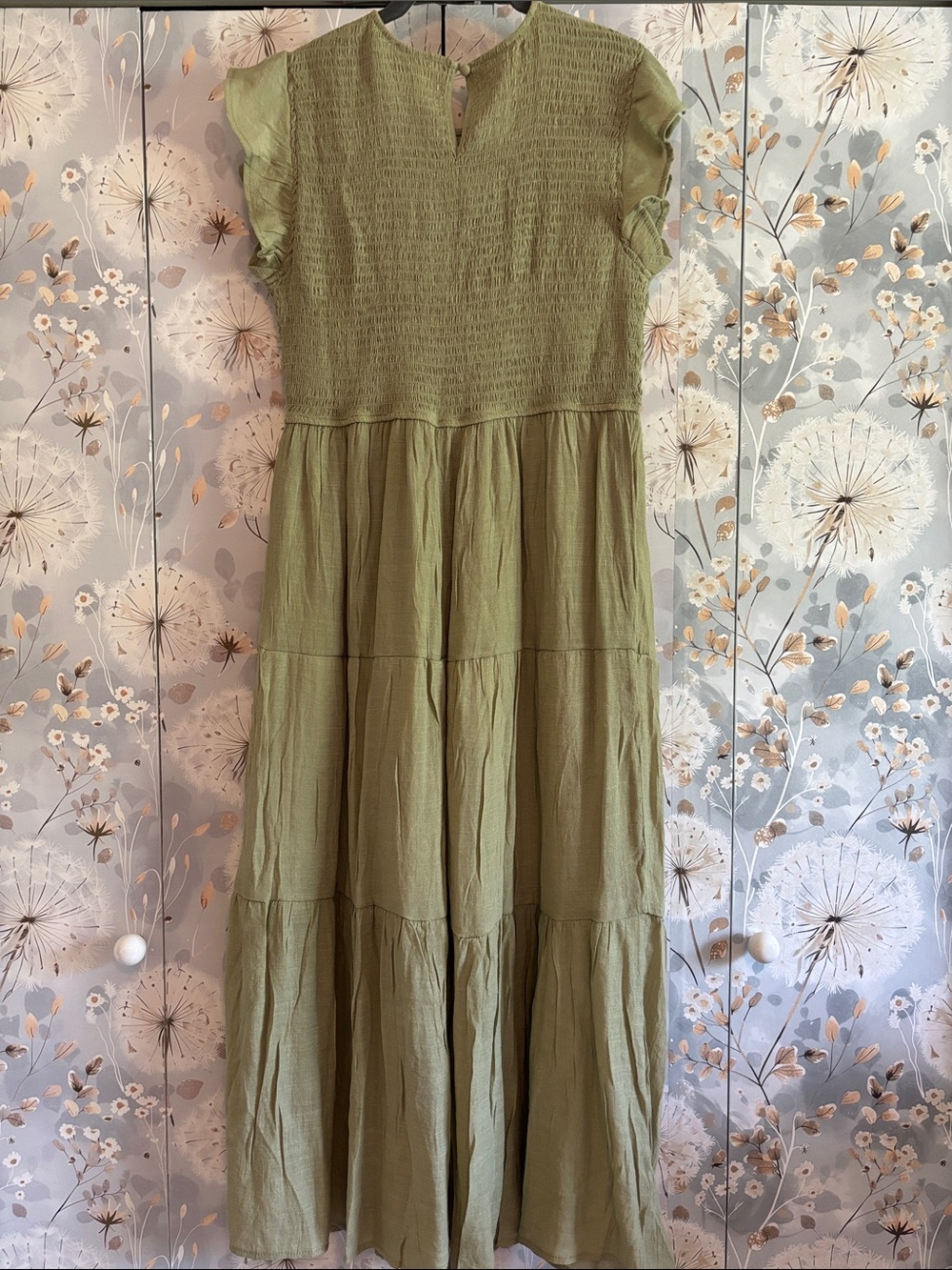 Blu Pepper Olive Green Smocked Flutter Sleeve Tiered Maxi Dress - Picture 3 of 7